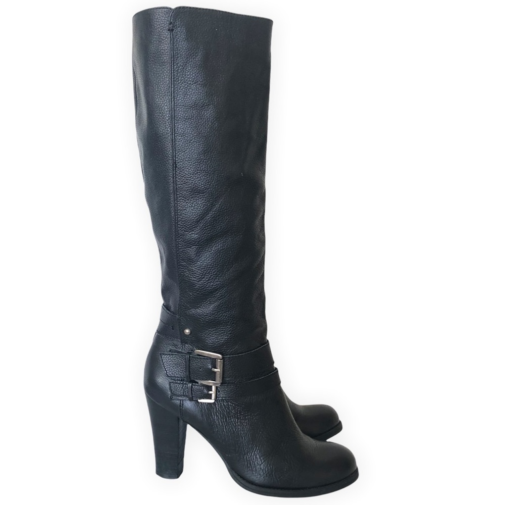 Nine West SZ 8M Habitat Tall Black Pebbled Leather Zip-Up Knee High Heels Boots